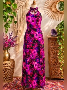 1960s Vintage Gina Rinaldi Psychadelic Floral Maxi Dress With Cutout Neckline